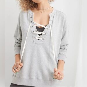 Aerie lace up oversized grey sweatshirt, small
